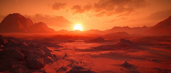 Barren red rocky plain bathed in a dramatic orange sunset, low glowing sun setting behind jagged mountains under streaked clouds, evoking solitude and otherworldly awe