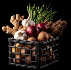 a matte black food basket with a square, four-cornered shape. The basket contains ginger, garlic, linseed, onions, garlic salt, and assorted fresh vegetables.