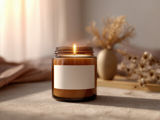glowing scented candle in an amber glass jar creates a warm, calming ambiance on a soft surface with neutral decor and gentle sunlight in the background