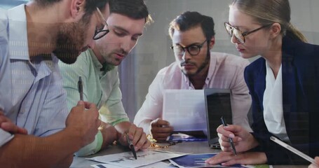 Animation of data processing and cityscape over diverse business people at office