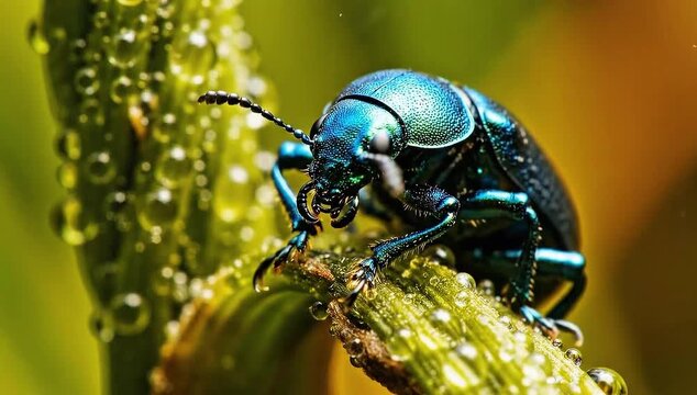 Metallic Blue Beetle Macro Shot on Wet Green Plant