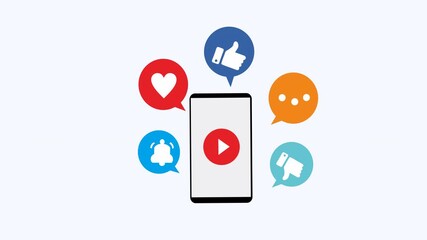 Phone with red play button and social media icons ideal for marketing materials, websites, and social media promotions. Suitable for digital advertising. - Powered by Adobe