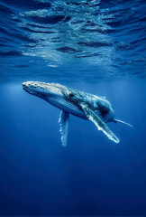 humpback whale glides effortlessly through the clear blue ocean, bathed in sunlight filtering from the surface, symbolizing the serenity and power of marine life