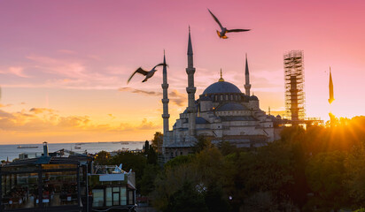 The Blue Mosque or Sultan Ahmet Mosque of Istanbul, Sunlight scene view, Turkey
