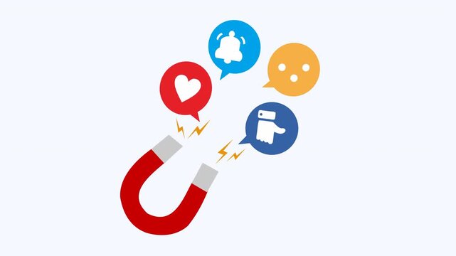 Magnet attracting social media icons notifications, comments, likes, shares. Suitable for digital marketing, social media, technology concepts.