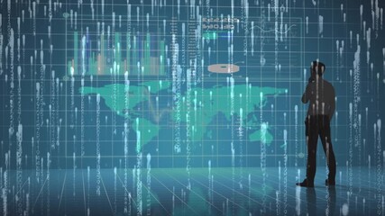Animation of data processing over world map and businessman silhouette - Powered by Adobe