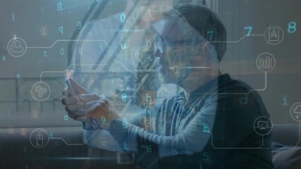 Animation of financial data processing over man using smartphone - Powered by Adobe