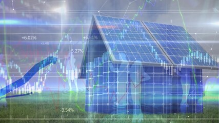 Animation of data processing over business people and house of solar panels - Powered by Adobe
