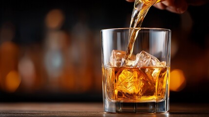 In a warm bar atmosphere, a barman expertly pours a golden drink over ice cubes in a glass. The light reflects beautifully, creating a welcoming vibe for patrons