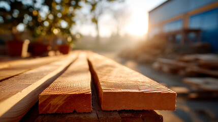 Wood planks on a table during sunset. Wood planks rest on a table outside as the sun sets, casting a warm glow in the background.