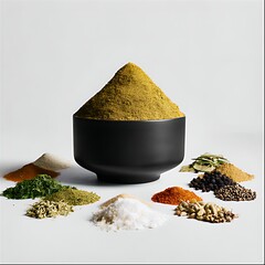 A matte black bowl filled with a tall, fennel, turmeric, rosemary leaves, peppers, bay leaves, thyme, white pepper, oregano, garlic, cardamom, linseed, cumin, coriander, and coarse sea salt.