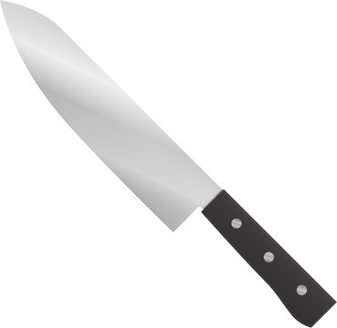 A single sharp stainless steel kitchen knife with a black handle is a shiny metallic chef tool isolated on a white background for restaurant food equipment and butcher utensil use