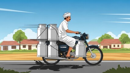 Cartoon Milkman on Motorcycle With Milk Cans Rural Road Village Scene Harvest Time.jpg