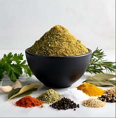 A matte black bowl filled with a tall, fennel, turmeric, rosemary leaves, peppers, bay leaves, thyme, white pepper, oregano, garlic, cardamom, linseed, cumin, coriander, and coarse sea salt.