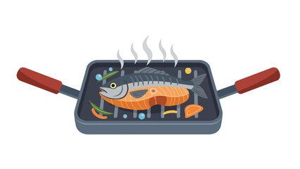 Naklejka premium Vibrant illustration of a whole fish grilling on a hot pan, with steam rising, alongside fresh green peppers and citrus. It symbolizes healthy