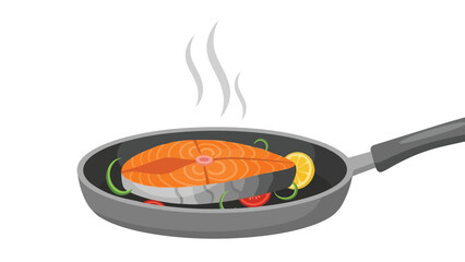 Vibrant illustration of a salmon steak cooking in a pan with fresh vegetables and lemon, steam rising. This scene promotes healthy culinary practices.