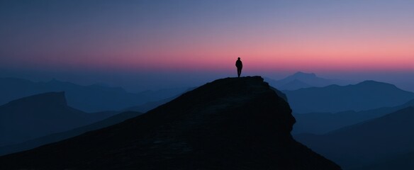 solitary silhouette dances with dawn atop a mountain peak like a lone star awakening