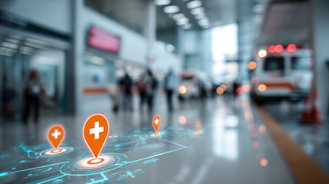 Digital emergency routing display in a hospital lobby corner highlights live ambulance tracking with blurred background to emphasize smooth patient transfer coordination.