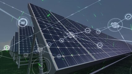 Animation of light trails spinning over network of digital icons and solar panels against blue sky - Powered by Adobe