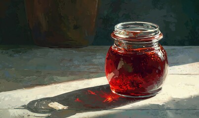 Artistic Jar of Rich Red Berry Sauce in Natural Light