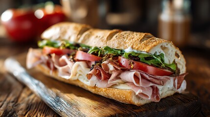 Gourmet Baguette Sandwich with Ham, Cheese, and Fresh Greens