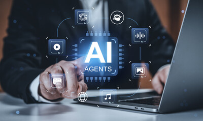 Businessman interacting with AI agents interface showing digital icons on futuristic background in concept of artificial intelligence technology.