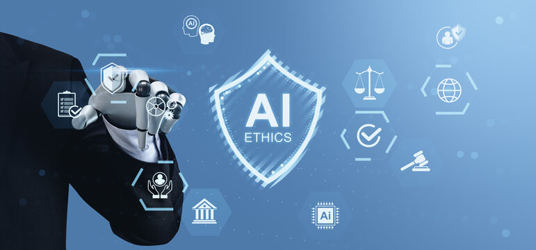 AI ethics concept with robotic hand interacting with digital shield and law, justice, and data protection icons on blue background representing responsible AI. - Powered by Adobe