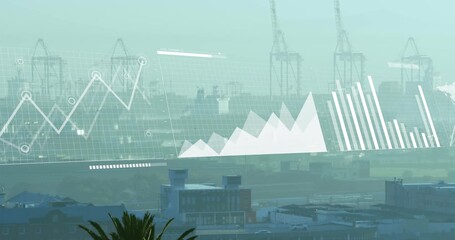 Animation of statistical data processing against aerial view of cityscape - Powered by Adobe