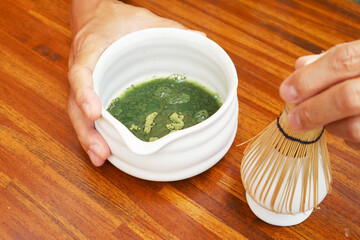 Add 80°C/176°F Warm Water to Green Tea Powder before  Whisking to Make Japanese Matcha