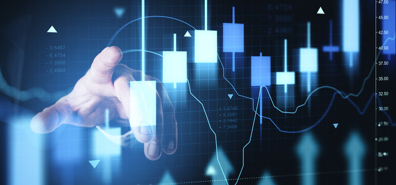 Business hand touching glowing forex candlestick chart with financial market rise indicators on futuristic blue background as investment concept hologram. - Powered by Adobe