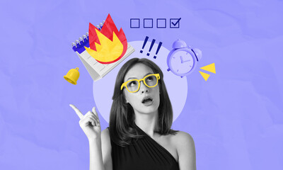 Woman thinking with deadline concept elements like calendar, fir