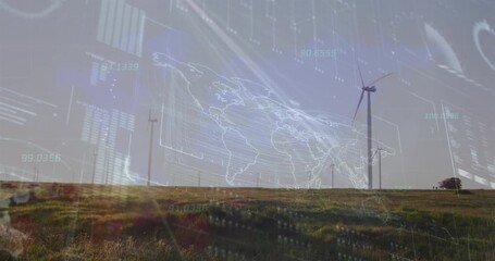 Animation of interface with data processing over spinning windmills on grassland against grey sky - Powered by Adobe