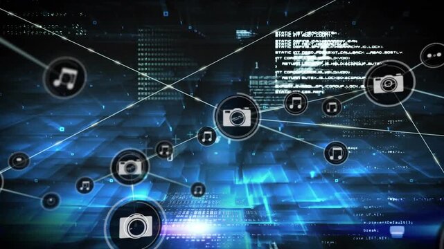 Animation of connected icons over binary codes and computer language on illuminated abstract pattern