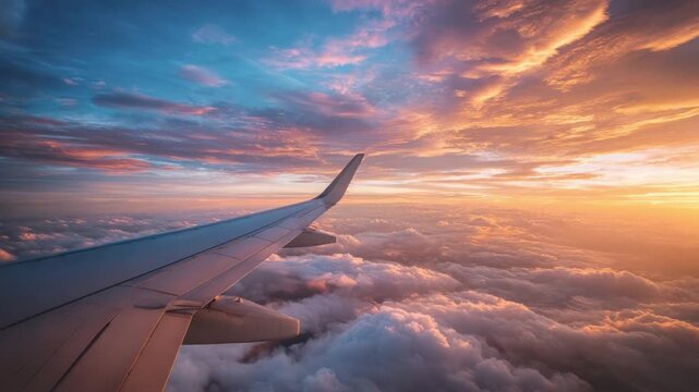 Soaring High: The wing of an airplane gracefully cuts through a breathtaking canvas of clouds, painting the sky with the warm hues of sunrise. An ode to adventure, freedom and the wonders of travel.