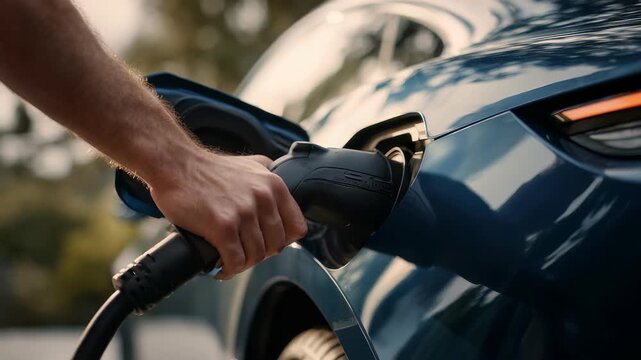 Close up of a person's hand plugging a charging cable into a modern electric car outdoors during daylight. The sleek blue vehicle highlights the shift towards sustainable transportation solutions