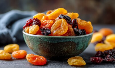 Assortment of Dried Fruits in a Teal Bowl