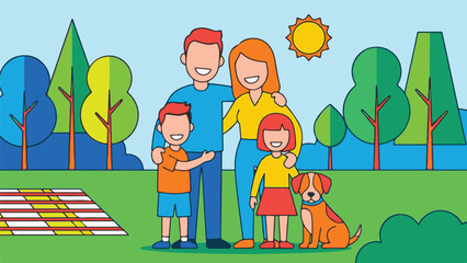 Fototapeta premium Happy family with children and pet dog enjoying a summer picnic in the park