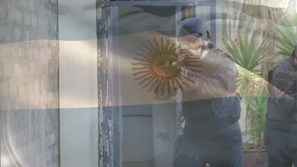 Animation of flag of agrentina over caucasian male soldiers holding weapons and walking