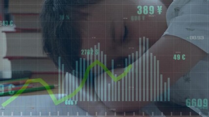 Animation of financial data processing over schoolboy sleeping on desk - Powered by Adobe