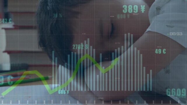 Animation of financial data processing over schoolboy sleeping on desk
