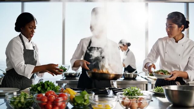 Culinary Symphony: A team of chefs orchestrates a culinary masterpiece in a bright, modern kitchen. Vegetables and ingredients ready to serve, as they prepare for a dish. 