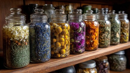 Assortment of Dried Herbal Teas in Glass Jars on Rustic Shelf