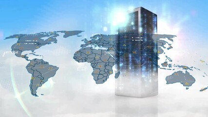 Animation of data processing and world map over server - Powered by Adobe
