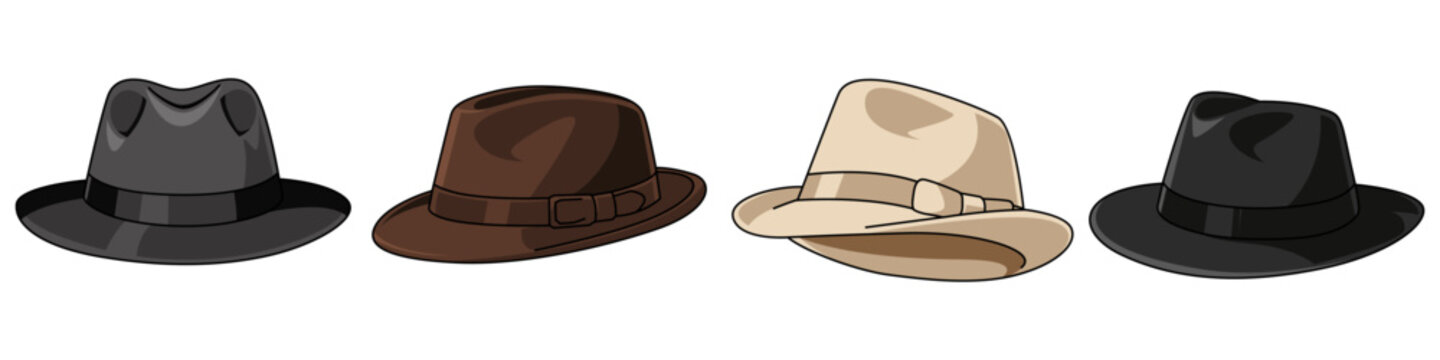 Set collection fedora hat from various view. Vector illustrations cowboy cap with different angle. Bundle cartoon design headgear for vacation in transparent background. 
