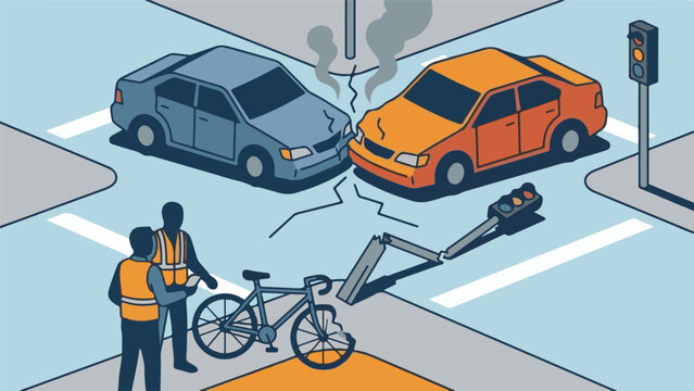 Road traffic accident scene with damaged cars and bicycle at intersection