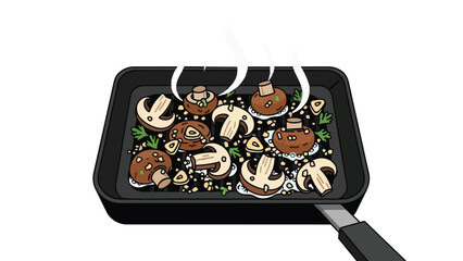 An inviting illustration captures a skillet full of fresh mushrooms, both sliced and whole, cooking with aromatic garlic and herbs, producing gentle