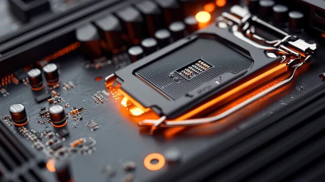High-tech motherboard close-up showcasing intricate circuitry and glowing details in a modern computer setup