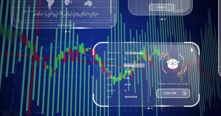 Stock market graphs with financial data and digital animation overlaying screen - Powered by Adobe