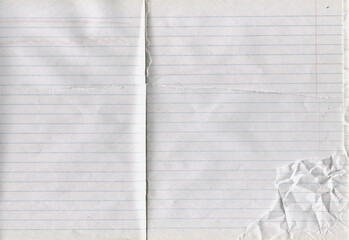 Crumpled lined paper texture with strong folds and soft shadows. Monochrome notebook surface creating depth and tactile detail, suitable for backgrounds, design concepts, print, education and statione