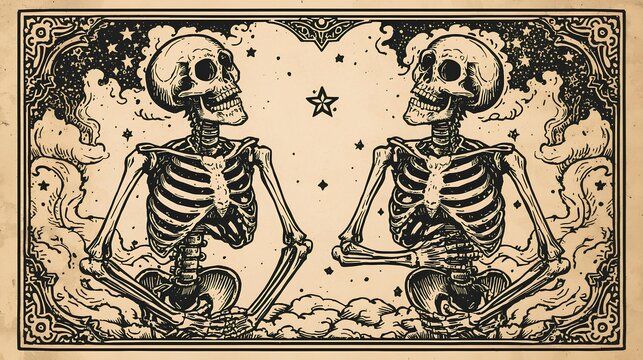 two skeletons laughing hard one skeleton leaning